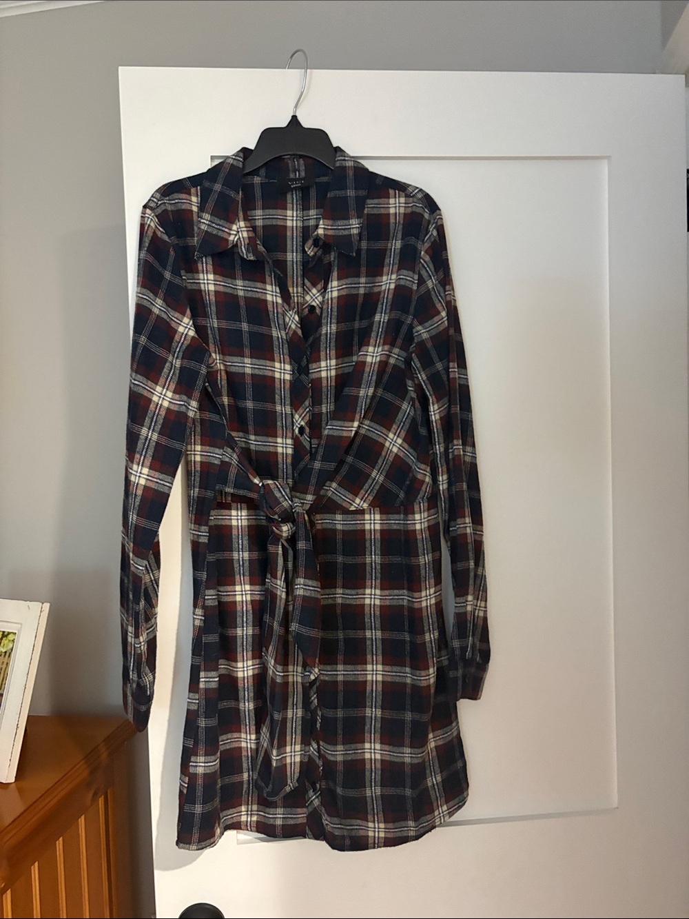 Vici Plaid Tie-Waist Shirt Dress - Navy, Burgundy, Cream
